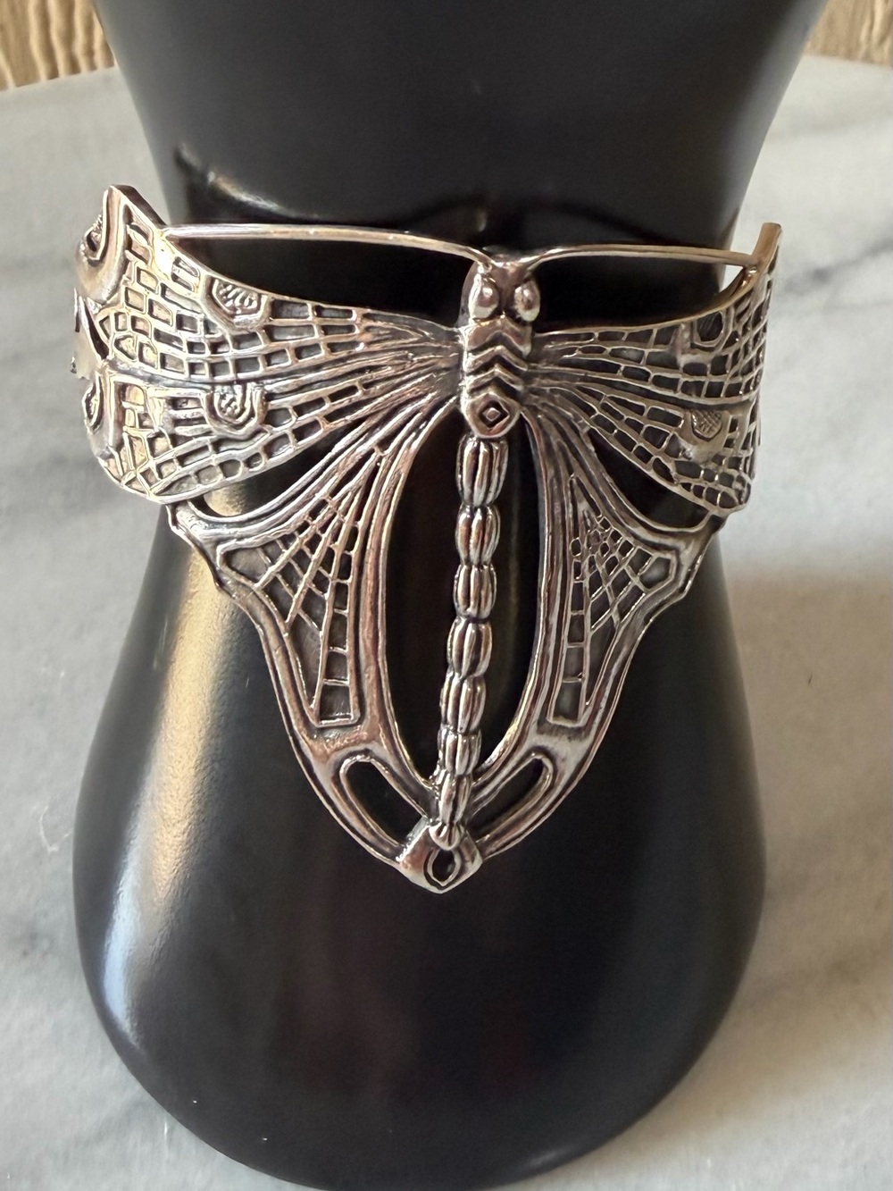 VTG Art Nouveau 925 Sterling Heavy Dragonfly Cuff Bracelet 38g 6.25